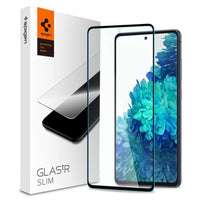 Galaxy S20 FE Screen Protector GLAS.tR Full Cover Glass showing the box, lens protector, and device
